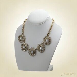 J. Crew floral Medallion 24" statement necklace antiqued goldtone rhinestone